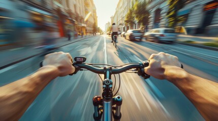 Close up rearview blur motion photography of a man riding his bicycle or bike on the city street at daytime in the sunny sumer