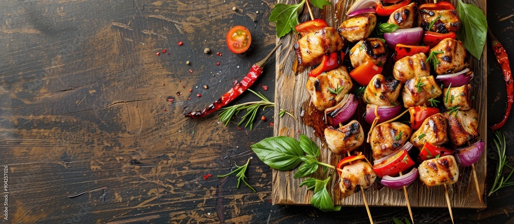 Aufkleber high angle view of chicken skewers with red bell peppers and red onions on a wooden board with copy 