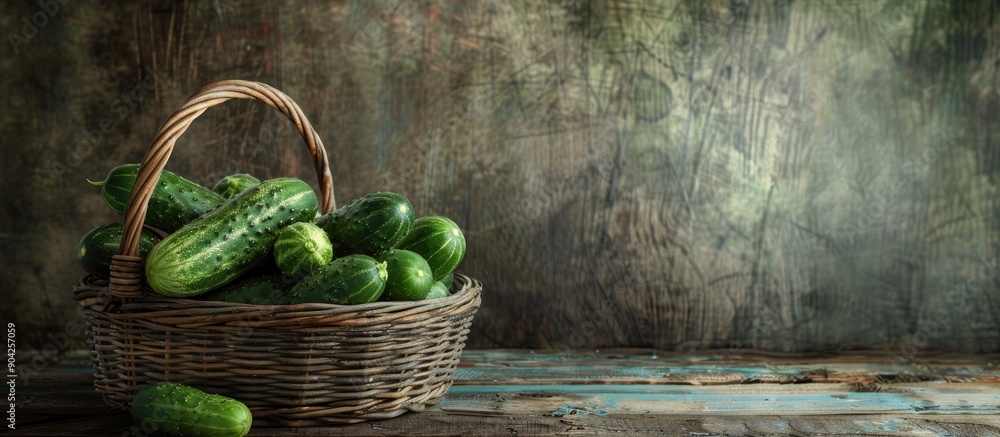 Poster wicker basket filled with cucumbers on a wooden backdrop with copy space image