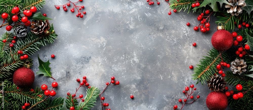 Poster a christmas card idea featuring a frame of green fir branches red ornaments and berries on a concret