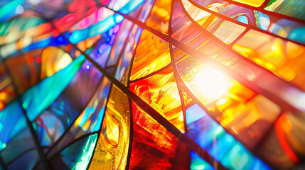 Close-up of a stained glass window with abstract, colorful patterns and light effects