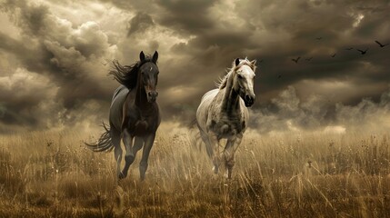 Two horses running through a field of tall grass with a dramatic sky.
