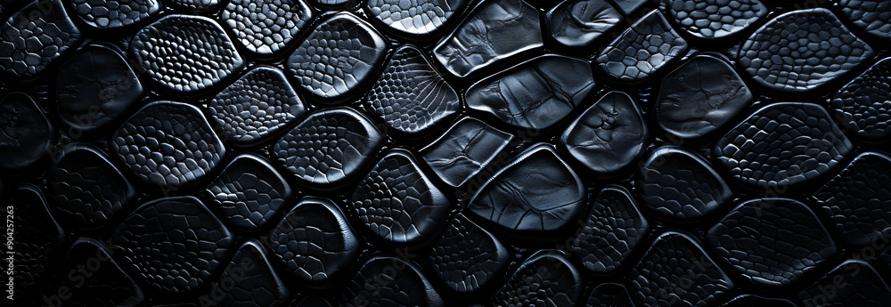 Poster black snake skin texture background, top view. dark wallpaper with a seamless pattern of a textured 