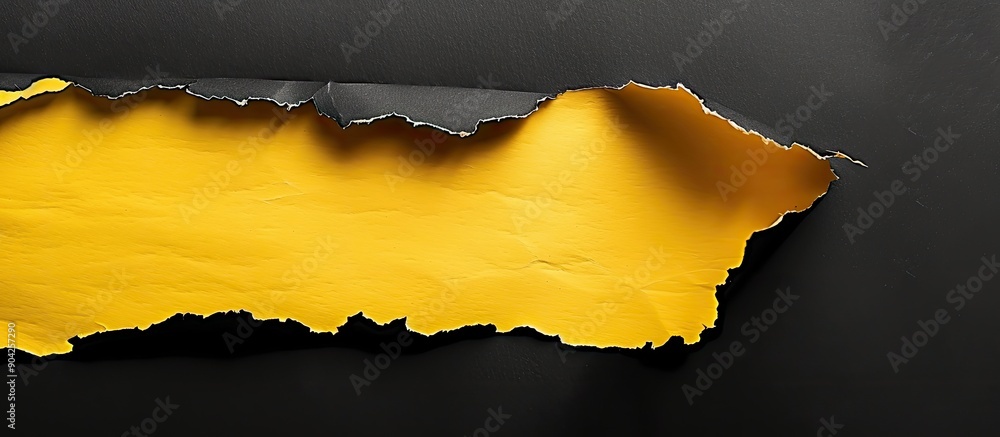 Poster an isolated black background with a torn yellow paper piece displaying a copy space image
