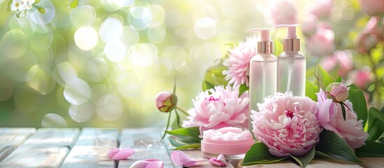 Elegant background with peony flowers and pink lotion for a spa and wellness concept promoting organic cosmetics and natural skincare ideal for store advertisement with selective focus on the image