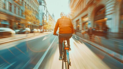 Close up rearview blur motion photography of a man riding his bicycle or bike on the city street at daytime in the sunny sumer