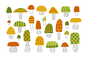Set of green mushrooms in doodle 