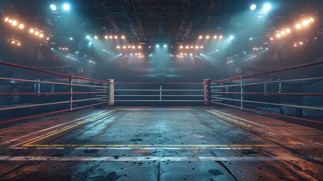 A boxing ring with a blue mat and red and white ropes