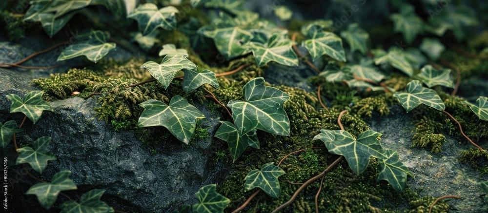 Poster ivy leaves intertwined on moss covered rocks in a woodland setting with copy space image