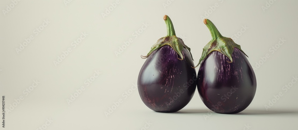 Poster two whole round eggplants on a white backdrop with empty space for writing or images. copy space ima