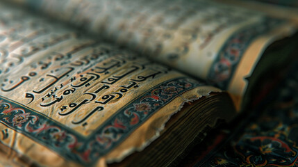 Close-up of a sacred text with abstract, detailed script and illuminated letters