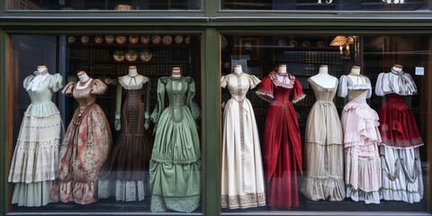 Naklejka premium Victorian era dresses on display in an antique shop window, showcasing fashion history