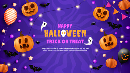 Cheerful Halloween backdrop featuring pumpkins, spiders, bats, flags, and a glowing fiesta lamp. Perfect for a party flyer or invitation template. EPS 10 vector illustration.