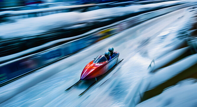 Competitors riding in bobsleighs on an ice track. A winter sport discipline that involves competitors riding down a special sleigh on an artificial ice track. Winter Olympic Games. Bobsleigh
