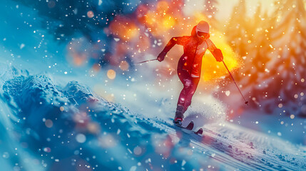 Winter Olympic Games 2026 in Milan and Cortina d'Ampezzo.Biathlon.  Winter biathlon combined with shooting. Abstract illustration silhouette of a biathlete on skis with a rifle. In the sun's rays