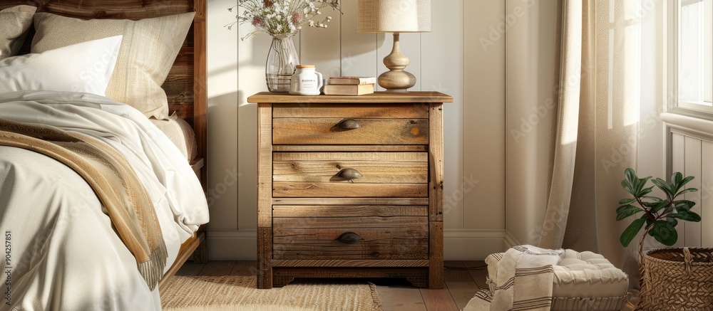 Aufkleber Explore the ideal mix of functionality and rustic charm in a captivating image showcasing the Penelope nightstand in a rustic bedroom setting with practical storage and stylish design elements in the