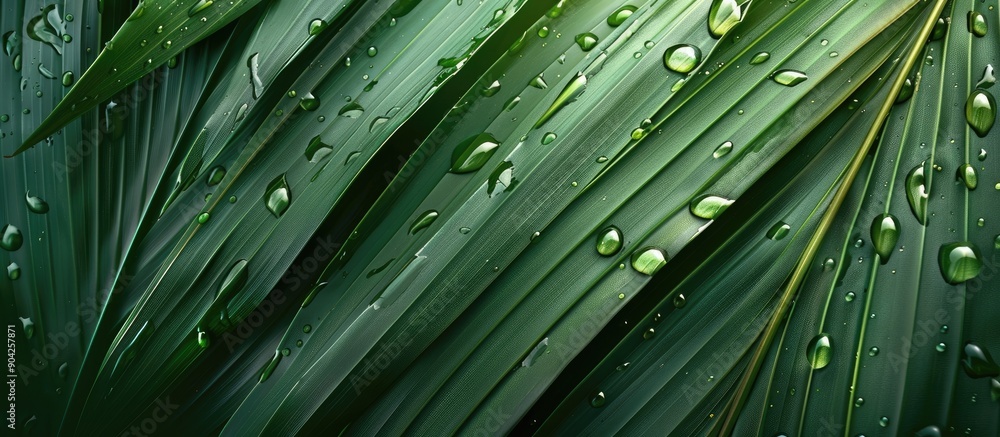 Poster Coconut leaves shimmering with dew drops creating a serene and refreshing copy space image