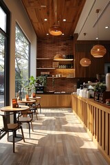 Modern minimalist cafe, cozy atmosphere, natural light, clean design, inviting interior