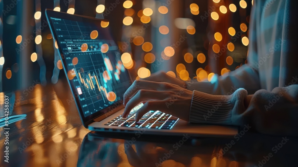 Poster a man is typing on a laptop in front of a plant. the laptop screen shows a graph with several lines 