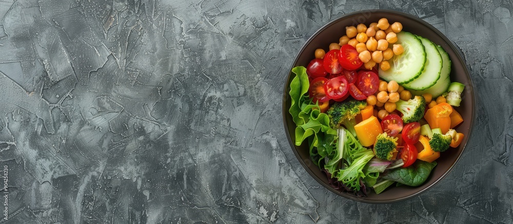 Poster bowl with appetizing veggies and chickpeas on a grey table from a top view ideal for a healthy meal 