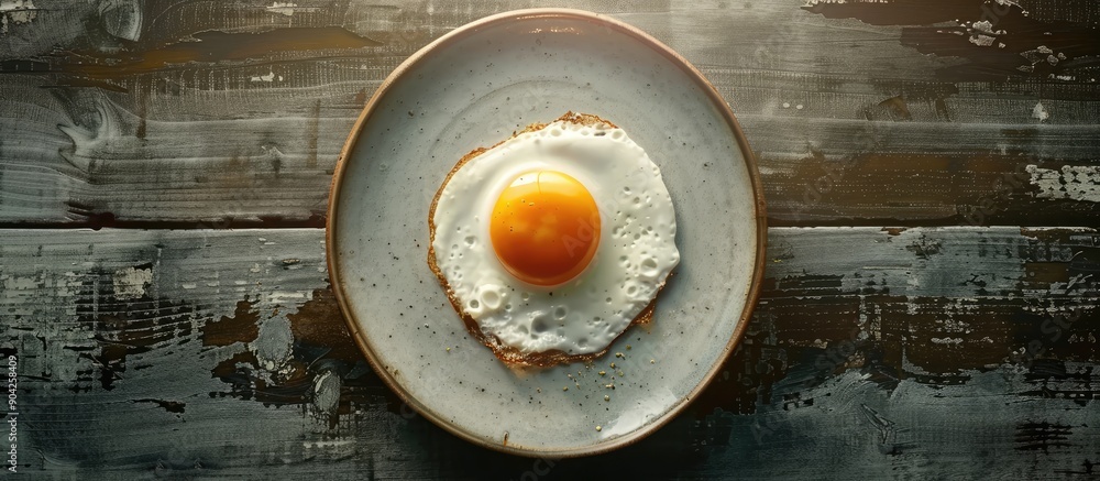 Poster top down perspective of a sizzling egg on a plate with room for additional elements in the image