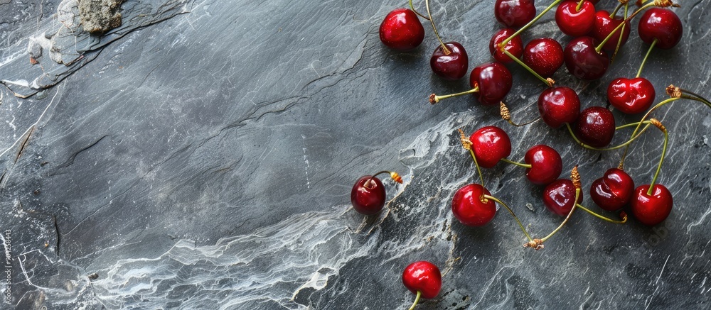 Poster gray stone surface adorned with cherries creating a beautiful copy space image