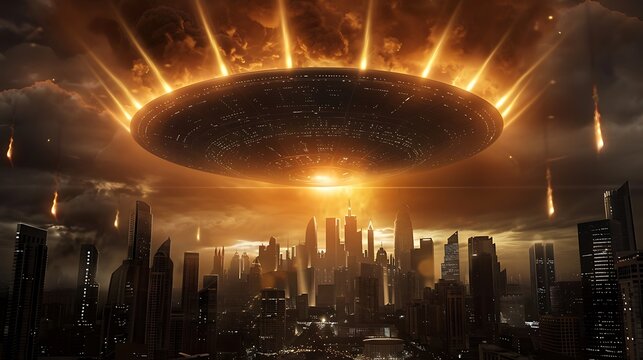 A giant robot, towering over a city in ruins, battles a swarm of alien invaders. Its powerful laser beams slice through the air as buildings crumble around it.