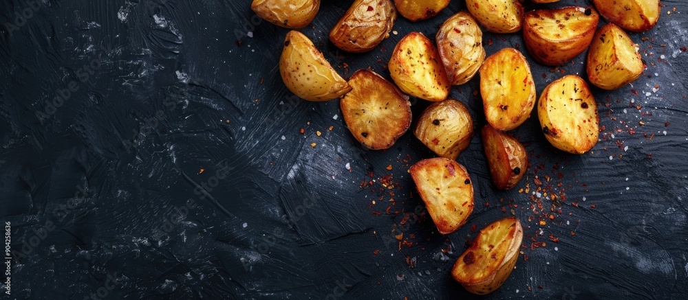 Poster crispy potatoes cooked in seasoned oil against a dark backdrop seen from above with room for text or