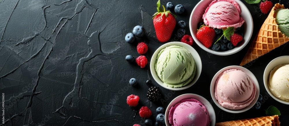 Poster colorful assortment of ice cream in bowls waffle cones and berries displayed on a black background w