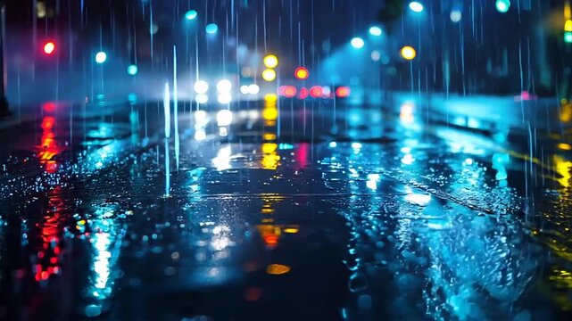dark, rainy night with reflections of streetlights on wet pavement