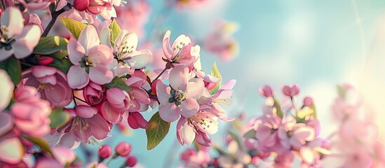 Fototapeta premium A spring day features pink flowers blooming on apple tree branches creating a serene scene with a copy space image
