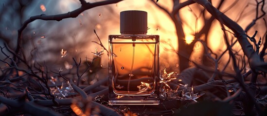 Small 10 ml perfume bottle displayed against a backdrop of shattered wood and tree branches illuminated by a sunset ambiance providing copy space image