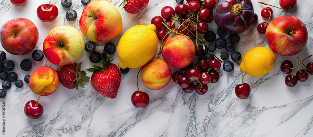 Poster top view of summer fruits and berries on a marble surface with copy space image available includes c