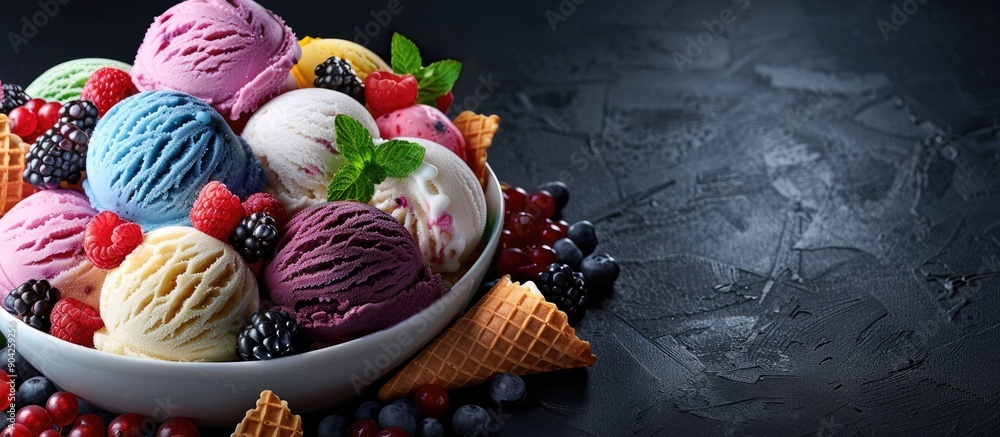 Poster a vibrant assortment of ice cream in bowls topped with waffle cones and berries displayed on a black
