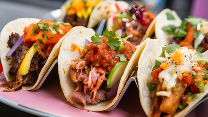 Authentic Tacos: Popular Mexican Street Food and Fast Cuisine Delight. Enjoy a mouthwatering display of tacos, a quintessential Mexican street food. This popular fast food dish 
