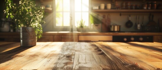 Sunlight filters onto an empty wooden kitchen table with ample copy space image