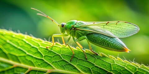 Green an insect with wings on a green leaf in the nature Generative AI