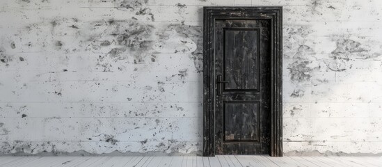 A rustic black wooden door set in a white wall inside a hotel room providing a copy space image