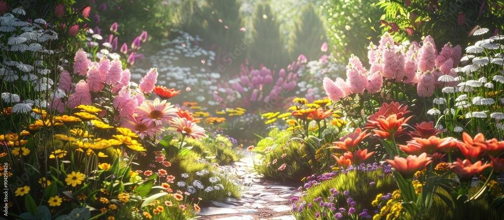 Poster beautiful summer flowers in a garden setting with a stunning array of flowers as the background for 