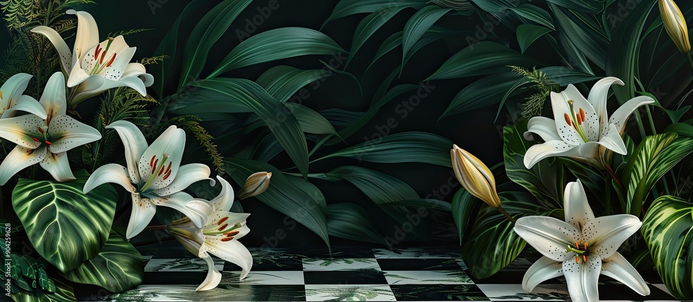Poster enjoy the view of white checkered lily flowers with a checkerboard pattern surrounded by vibrant gre