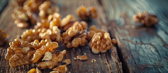 Obraz premium Close up of peeled walnut kernels on a wooden backdrop with selective focus featuring a tinted copy space image