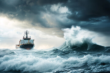 This ultra-high-definition image captures a cargo ship caught in a storm, surrounded by towering waves and under a menacing, thunderous sky. The ship's structure is clearly visible, battling the