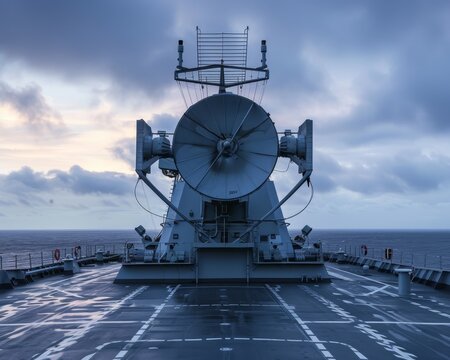 Large radar antenna on a military ship deck.