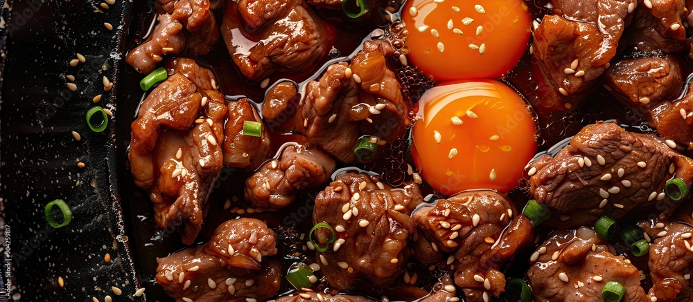 Poster slices of pork and eggs cooked in soy sauce create a flavorful dish with a copy space image