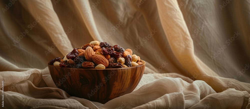 Poster A wooden bowl filled with assorted nuts raisins set on a brown backdrop A beige curtain gently sways in the background Copy space image