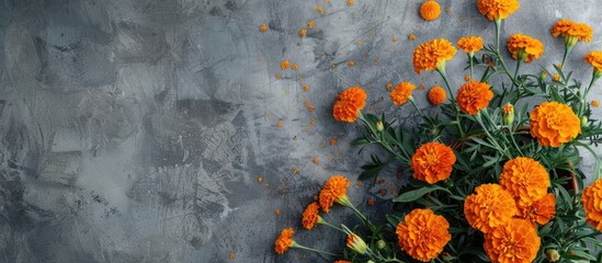 Close up of orange marigold flowers in a pot against a grey concrete wall with several tagetes erecta velvet flowers on the left side of the image and copy space on the right