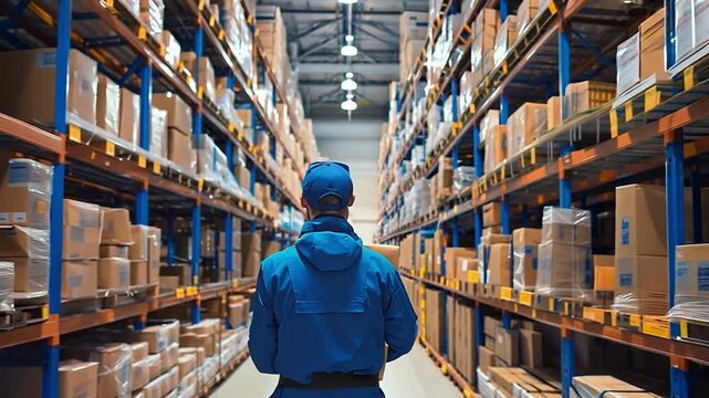 A blue-uniformed warehouse worker is carrying a parcel over her shoulder to be delivered to the customer. Medical product storage in a medical manufacturing facility