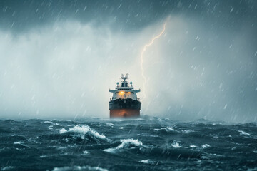 Amidst a severe storm, a cargo ship is depicted navigating through massive waves and fierce winds. The dramatic, stormy sky, punctuated by flashes of lightning, sets a foreboding tone, with the ship