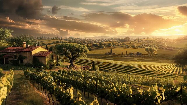 Scenic vineyard at sunset with lush green grapevines and a rustic barn in the background