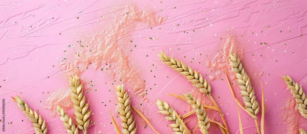 Poster minimalistic agriculture concept with a pink glitter background featuring wheat ears and a white moc